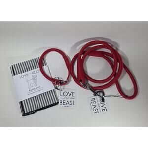 Love Thy Beast Red Leather Dog Collar 10–13” + 45” Leash M & Bandana Set